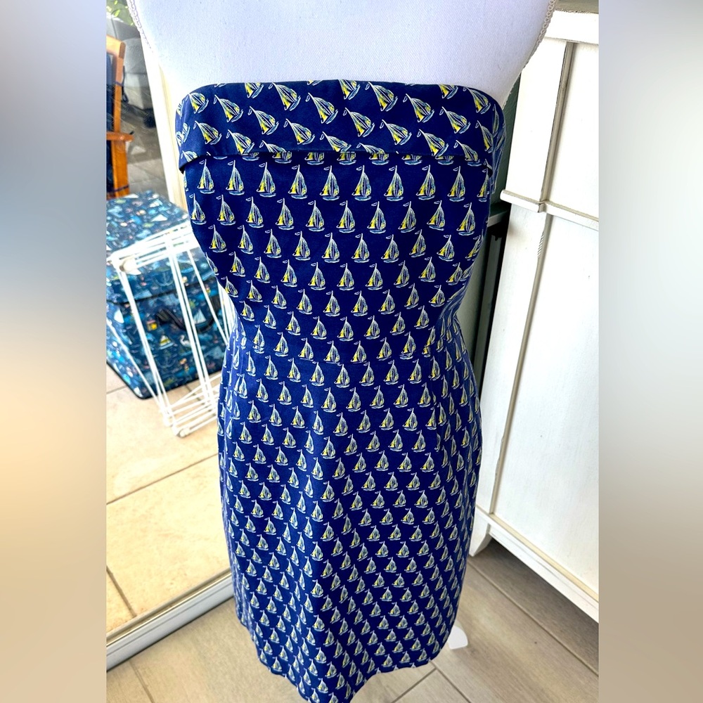 Vineyard Vines Blue Strapless Dress with Sailboat Print